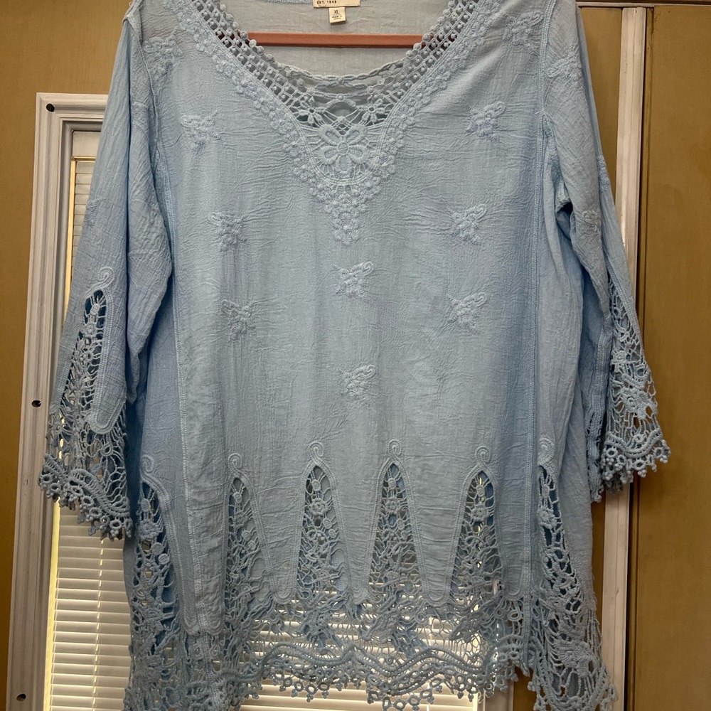 Light Blue Crochet-Trim Women's Tunic Top